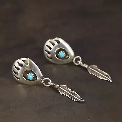 VTG Sterling Silver NAVAJO Turquoise Bear Paw Feather Dangle Post Earrings - 3g • $2.99
