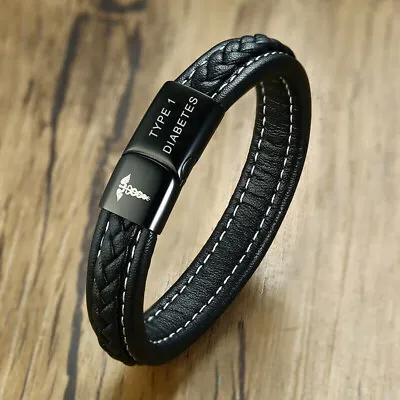 Personalized Medical Alert Men's Leather Bracelet Cuff Armband TYPE 1 2 DIABETES • $12.89