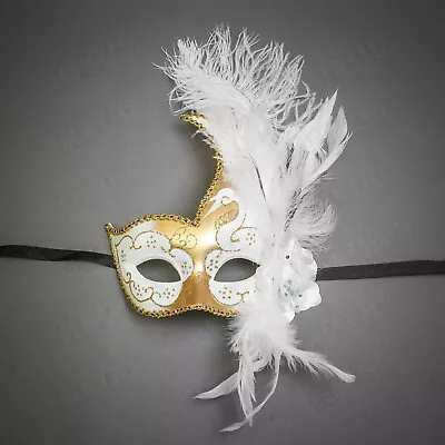 Gold White Venetian Carnival Side Black Feather Masquerade Mask Mardi Gras Party • $21.99