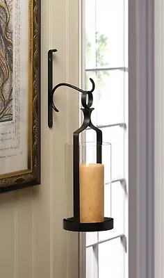 Iron Glass Hanging Hurricane Glass Wall Sconce Indoor Outdoor Decor • £48.65