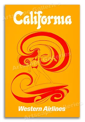 Western Airlines California - 1970s Vintage Style Travel Surfing Poster - 16x24 • $13.95