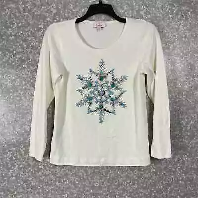 Quacker Factory Women's White & Blue Beaded Snowflake Top - Size XS - T-Shirt • $19.99