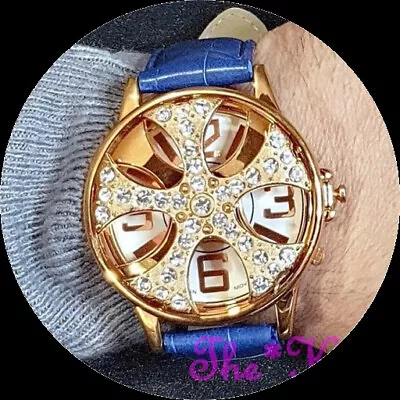 XL Gents Men Blue Leather Gold Rapper Spin Ice Pimp Bling Crystal Gangster Watch • £24.99