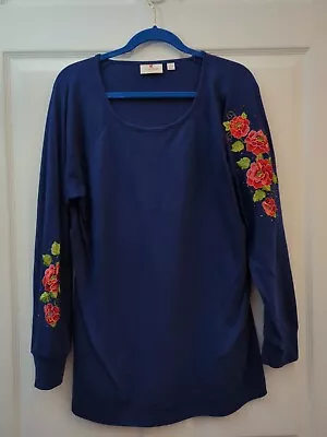 Quacker Factory Top Large Blue Long Sleeve Shirt Flower Embellishment Sleeve • $13.74