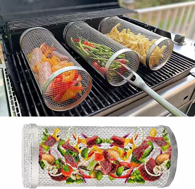 Rolling Grilling Basket For Outdoor Grill Barbecue Stainless Steel Wire Mesh Cy • $8.22