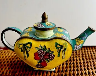 KELVIN CHEN Enamel Mini Copper Teapot -  Fruit Ribbon *OLD - Retired No Label • $34.95