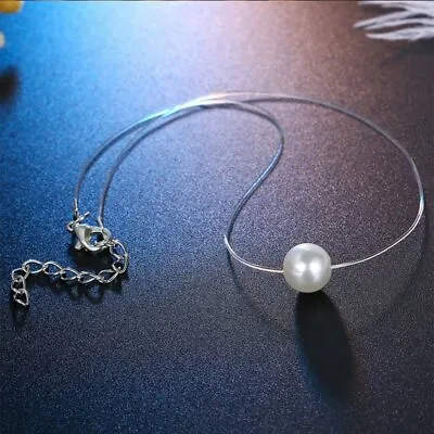 Necklace Choker White Pearl Imitation Pendant Invisible Fishing Line Free Bag UK • £3.49