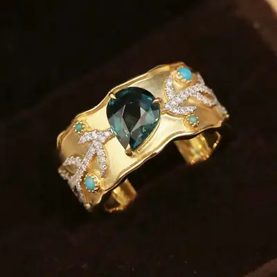 Natural Diamond Tourmaline Turquoise Leaf Matte Unisex Open Ring 14K Yellow Gold • $1135