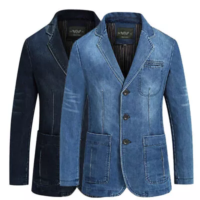 Men's Denim Casual Washed Cotton Slim Fit Sport Coat Suit Blazer Jackets UK S-XL • $38.53