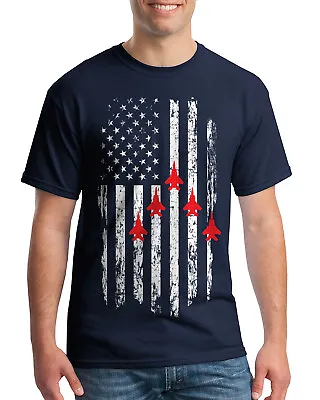 $14.95 • Buy Jet Fighters Flying Over American Flag Men's T-Shirt USA