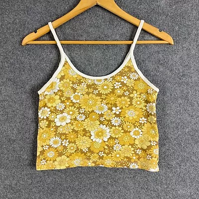 Ghanda Tank Womens 8 Yellow Top Singlet Cropped Crop Midriff Retro Flower Power • $9.62