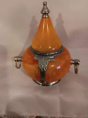 Vintage Incense Burner Trinket Box Orange Brass Silver Tone • $18