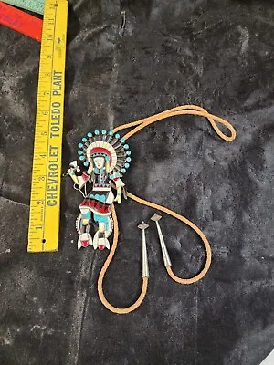 HUGE XL Zuni Native American Nickel Silver Gem Inlay Dancing Kachina Bolo Tie • $500