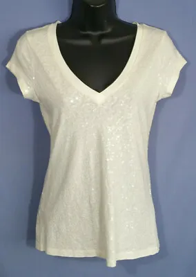 Express Women Size XXS Top Beige Sequined Fitted V-neck Cap Sleeves Cotton NEW • $22.99