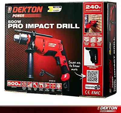 £25.99 • Buy Dekton Power 670010 500W Impact Hammer Drill, 500W, 240V, Black/Red