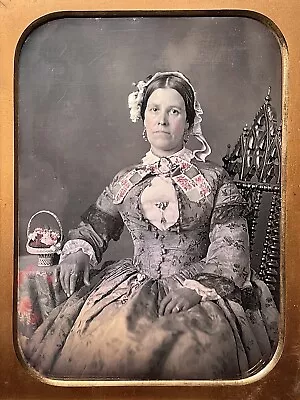 Outstanding Tinted 1/2 Plate Daguerreotype - Woman With Basket On The Table • $650