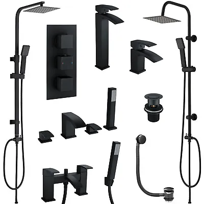 £26.95 • Buy Matt Black Modern Square Bathroom Basin & Bath Taps & Thermostatic Shower Mixers