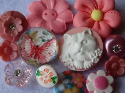 PRECIOUS PINK VINTAGE & NEW BUTTONS Cameo Cat Bubble Flowers Glass Rhinestone • $12.99