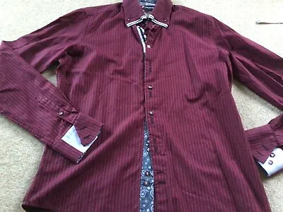 7 Camicie Italian Designer Shirt. Maroon Red Stripe. Slim Fit Size L • £17.50
