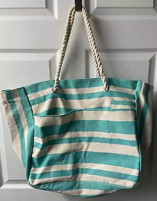 Canvas Striped Beach Bag Large With Pockets Green Cream Rope Handles • $15.95