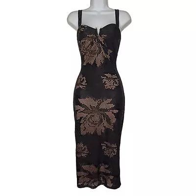 VA VA VOOM Floral Lace Print Sleeveless Midi Pin Up Retro Sheath Black Dress S • $39.59