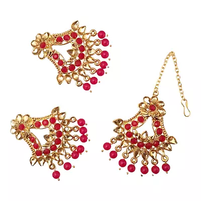 New  Bridal Maang Tikka Earrings Pearl Kundan Bollywood Gold Tone Indian Jewelry • $21.93