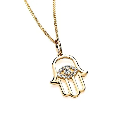 9ct Yellow Gold On Silver Sparkling CZ Hand Of Hamsa Pendant Necklace 16 18 20   • £9.95