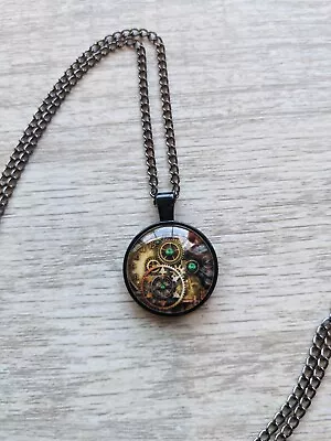 Dome Steampunk Pendant Necklace With Watch Face And Gears 30   Black Chain • $8