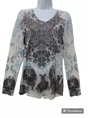 Sz L Vocal Tunic Top LACE BACK Rhinestone Front Long Sleeve Blouse Made In USA • $21.49