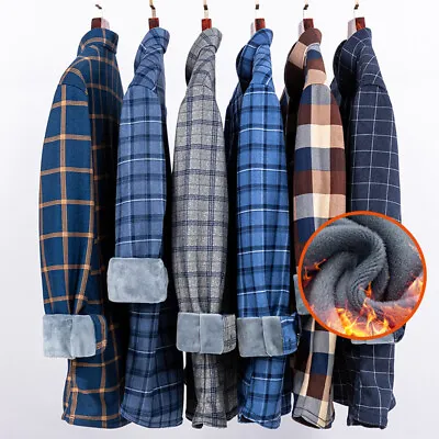 Mens Fleece Sherpa Fur Lined Button Collared Padded Plaid Shirt Jacket • £13.99