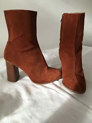 MANGO Warm  Rust Brown  Suede Leather  Chunky  Heel  Ankle Boots  Size 5  ( 38 ) • £14.50