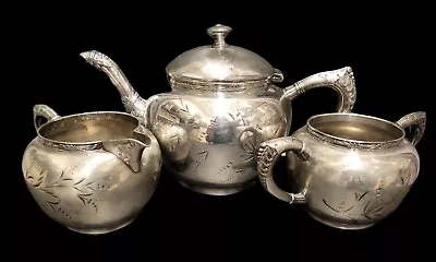 Antique 1898 Van Bergh Quadruple Plate Silver Plated Teapot Sugar Bowl & Creamer • $59.90