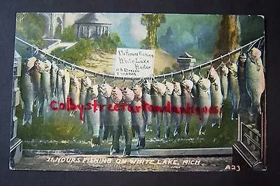 FISHING ON WHITE LAKE Whitehall Montague Michigan Postcard 1912 Fish • $14