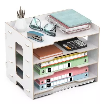 Office File Tray A4 Desk Tidy Organiser 4Tier Document/Paper/Letter Wooden White • £13.47