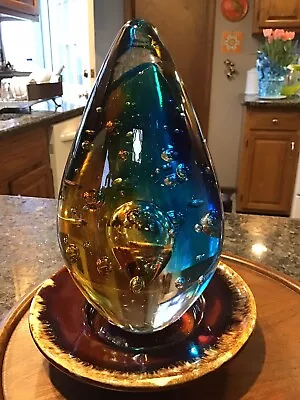 HUGE 8” Murano Glass Sphere Egg Sculpture Internal Bubbles 1970s Cobalt Amber • $109.90