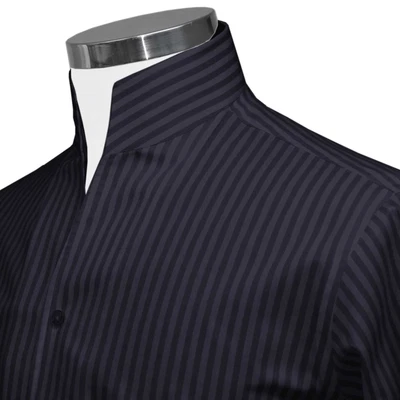 £90 • Buy High China Band V Open Mandarin Buttonless Collar Dark Blue Striped Men Shirt