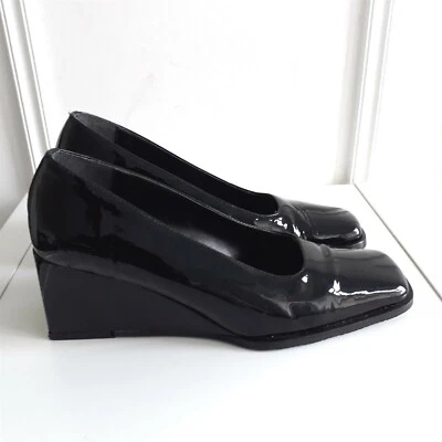 £34.99 • Buy Black Patent Leather Mod Vtg Style Wedge Square Toe Court Shoes Sz 6 / 39 CLARKS