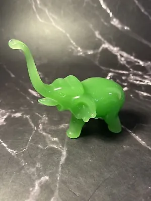 3.5  Long Vtg Green Jade Jadite Solid Glass Tusked Long Trunk  Elephant Figurine • $29.99