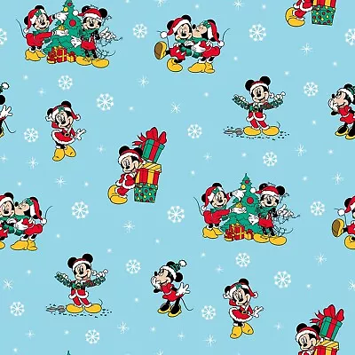 BTY Disney Mickey Mouse & Minnie Christmas Day Gift Tree Blue Cotton Fabric • $9.96