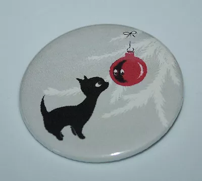 BLACK CAT SEES SELF IN CHRISTMAS ORNAMENT MAGNET Or PIN BUTTON Vintage Art • $3.89