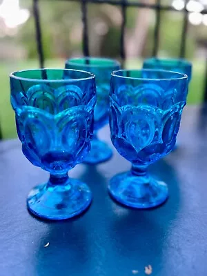 Vintage LE Smith Moon & Stars Blue Water Goblet MCM Wine Glasses Set 4 6” Tall • $59