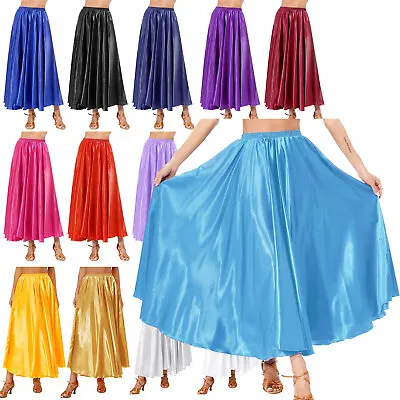 US Womens Maxi Shiny Dance Skirts Satin Wide Hemline Stage Dancewear Sarong Slip • $7.51