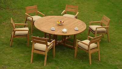 7 Pc Outdoor Dining Teak Garden Set - 72  Round Table 6 Stacking Arm Chairs Cel • $4388