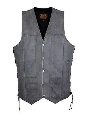 Men's Distressed Gray Naked Cowhide Leather Vest Motorcycle Side Laces Waistcoat • $89.99