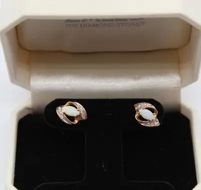 AU435	Zales Opal Diamond 10k Yellow Gold Stud Earrings 2.49g • $69.95