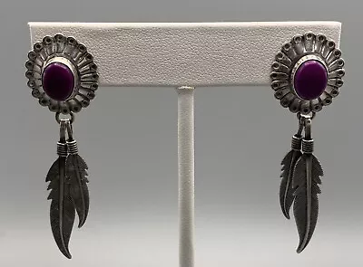 Southwestern Navajo Sugilite Feathers Earrings Sterling Silver Signed Q. T. C • $28.50