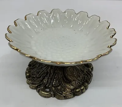 Vintage Pedestal Ceramic Soap Dish / Ash Tray Metal Base Flower Trinket Dish • $14.99