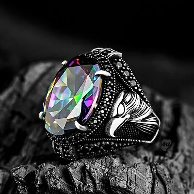 Solid 925 Sterling Silver Eagle Design Mystic Topaz Stone Men's Ring • $46.90