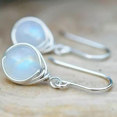 925 Silver Moonstone Earrings Boho Dangle Natural Stone Hook Drop Women Gift • £2.63