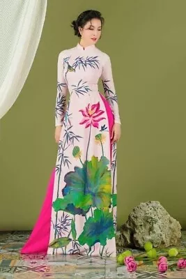 Ao Dai Vietnamese Silk Designer Flowers Long Dress With Pants. Size L • $60